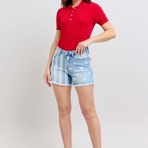 Judy Blue Full Size Mr Star & Stripe Bleach Discharge Fray Hem Denim Shorts Plus - Picture 9 of 10